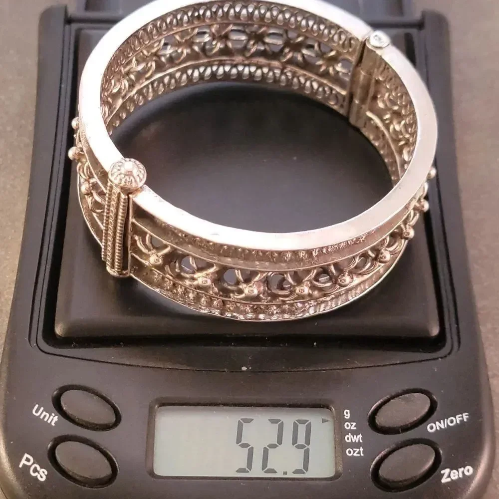 Sterling Vintage Wide Openwork Flower Hinge Bangle Bracelet